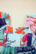 Load image into Gallery viewer, Sky Blue Tropical Printed Square Neck Flutter Sleeve Babydoll Blouse - Fashion Queen - 19