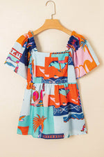 Load image into Gallery viewer, Sky Blue Tropical Printed Square Neck Flutter Sleeve Babydoll Blouse - Fashion Queen - 3