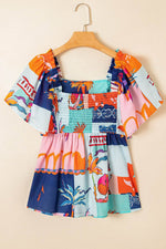 Load image into Gallery viewer, Sky Blue Tropical Printed Square Neck Flutter Sleeve Babydoll Blouse - Fashion Queen - 4