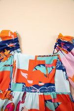 Load image into Gallery viewer, Sky Blue Tropical Printed Square Neck Flutter Sleeve Babydoll Blouse - Fashion Queen - 7