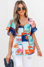 Load image into Gallery viewer, Sky Blue Tropical Printed Square Neck Flutter Sleeve Babydoll Blouse - Fashion Queen - 9