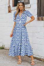Load image into Gallery viewer, Sky Blue V Neck Casual Geometric Print Maxi Dress - Fashion Queen - 3