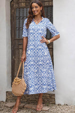 Load image into Gallery viewer, Sky Blue V Neck Casual Geometric Print Maxi Dress - Fashion Queen - 4