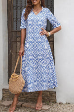 Load image into Gallery viewer, Sky Blue V Neck Casual Geometric Print Maxi Dress - Fashion Queen - 5