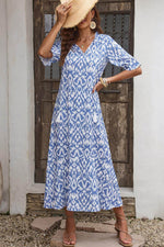 Load image into Gallery viewer, Sky Blue V Neck Casual Geometric Print Maxi Dress - Fashion Queen - 8