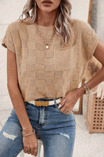 Load image into Gallery viewer, Smoke Gray Lattice Textured Knit Short Sleeve Sweater - Fashion Queen - 5