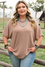 Load image into Gallery viewer, Smoke Gray Ribbed Striped Crew Neck Plus Size Knit T Shirt - Fashion Queen - 11