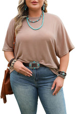 Load image into Gallery viewer, Smoke Gray Ribbed Striped Crew Neck Plus Size Knit T Shirt - Fashion Queen - 14