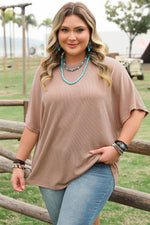 Load image into Gallery viewer, Smoke Gray Ribbed Striped Crew Neck Plus Size Knit T Shirt - Fashion Queen - 8