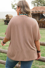 Load image into Gallery viewer, Smoke Gray Ribbed Striped Crew Neck Plus Size Knit T Shirt - Fashion Queen - 9