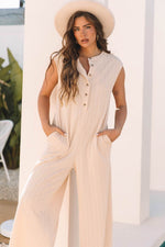 Load image into Gallery viewer, Smoke Gray Textured Buttoned Wide Leg Sleeveless Jumpsuit - Fashion Queen - 7