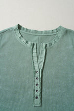 Load image into Gallery viewer, Smoke Green Acid Wash Waffle Knit Buttoned Neckline Long Sleeve Top - Fashion Queen - 11