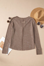 Load image into Gallery viewer, Smoke Green Acid Wash Waffle Knit Buttoned Neckline Long Sleeve Top - Fashion Queen - 14