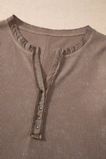 Load image into Gallery viewer, Smoke Green Acid Wash Waffle Knit Buttoned Neckline Long Sleeve Top - Fashion Queen - 15