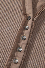 Load image into Gallery viewer, Smoke Green Acid Wash Waffle Knit Buttoned Neckline Long Sleeve Top - Fashion Queen - 16