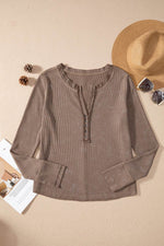 Load image into Gallery viewer, Smoke Green Acid Wash Waffle Knit Buttoned Neckline Long Sleeve Top - Fashion Queen - 6