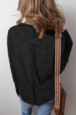 Load image into Gallery viewer, Smoke Green Acid Wash Waffle Knit Buttoned Neckline Long Sleeve Top - Fashion Queen - 8