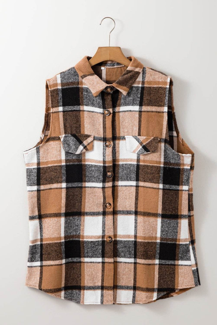 Straw Yellow Retro Plaid Button up Collared Vest - Fashion Queen -  5