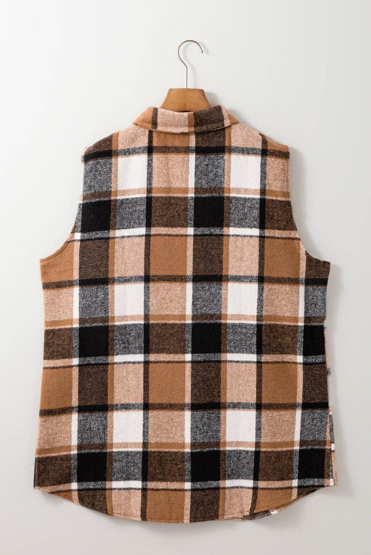 Straw Yellow Retro Plaid Button up Collared Vest - Fashion Queen -  6