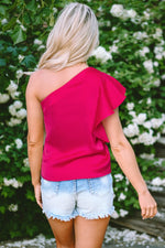Load image into Gallery viewer, Strawberry Pink Asymmetric Shoulder Ruffle Sleeve Elegant Blouse - Fashion Queen - 10