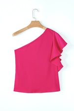 Load image into Gallery viewer, Strawberry Pink Asymmetric Shoulder Ruffle Sleeve Elegant Blouse - Fashion Queen - 16