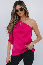 Load image into Gallery viewer, Strawberry Pink Asymmetric Shoulder Ruffle Sleeve Elegant Blouse - Fashion Queen - 3