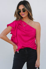 Load image into Gallery viewer, Strawberry Pink Asymmetric Shoulder Ruffle Sleeve Elegant Blouse - Fashion Queen - 4