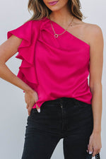 Load image into Gallery viewer, Strawberry Pink Asymmetric Shoulder Ruffle Sleeve Elegant Blouse - Fashion Queen - 8
