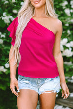 Load image into Gallery viewer, Strawberry Pink Asymmetric Shoulder Ruffle Sleeve Elegant Blouse - Fashion Queen - 9