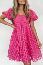 Load image into Gallery viewer, Strawberry Pink Checkered Puff Sleeve Babydoll Dress - Fashion Queen - 1