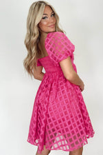 Load image into Gallery viewer, Strawberry Pink Checkered Puff Sleeve Babydoll Dress - Fashion Queen - 2