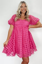 Load image into Gallery viewer, Strawberry Pink Checkered Puff Sleeve Babydoll Dress - Fashion Queen - 3