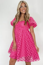 Load image into Gallery viewer, Strawberry Pink Checkered Puff Sleeve Babydoll Dress - Fashion Queen - 4