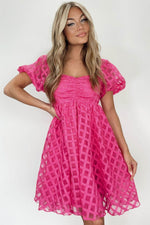 Load image into Gallery viewer, Strawberry Pink Checkered Puff Sleeve Babydoll Dress - Fashion Queen - 5