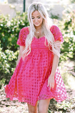 Load image into Gallery viewer, Strawberry Pink Checkered Puff Sleeve Babydoll Dress - Fashion Queen - 6