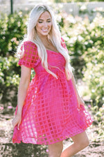 Load image into Gallery viewer, Strawberry Pink Checkered Puff Sleeve Babydoll Dress - Fashion Queen - 8