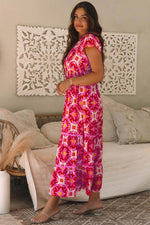 Load image into Gallery viewer, Strawberry Pink Geo Print V-neck Maxi Dress - Fashion Queen - 3