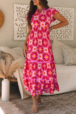 Load image into Gallery viewer, Strawberry Pink Geo Print V-neck Maxi Dress - Fashion Queen - 5