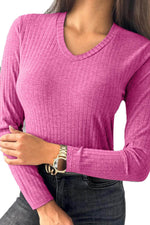 Load image into Gallery viewer, Strawberry Pink Ribbed Knit V Neck Long Sleeve Slim Fit Top - Fashion Queen - 2