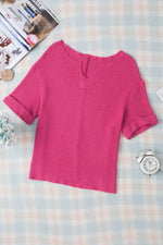 Load image into Gallery viewer, Strawberry Pink Textured Knit Split Neck Cuffed Short Sleeve Top - Fashion Queen - 15
