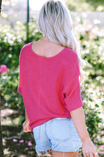 Load image into Gallery viewer, Strawberry Pink Textured Knit Split Neck Cuffed Short Sleeve Top - Fashion Queen - 2