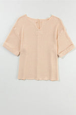 Load image into Gallery viewer, Strawberry Pink Textured Knit Split Neck Cuffed Short Sleeve Top - Fashion Queen - 24