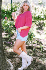 Load image into Gallery viewer, Strawberry Pink Textured Knit Split Neck Cuffed Short Sleeve Top - Fashion Queen - 8