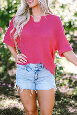 Load image into Gallery viewer, Strawberry Pink Textured Knit Split Neck Cuffed Short Sleeve Top - Fashion Queen - 9