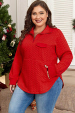Load image into Gallery viewer, Tomato Red Cable Textured Quarter Zip Pocketed Plus Size Pullover - Fashion Queen - 3