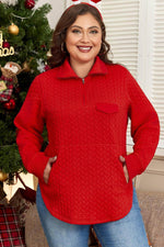 Load image into Gallery viewer, Tomato Red Cable Textured Quarter Zip Pocketed Plus Size Pullover - Fashion Queen - 4