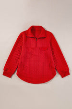 Load image into Gallery viewer, Tomato Red Cable Textured Quarter Zip Pocketed Plus Size Pullover - Fashion Queen - 6