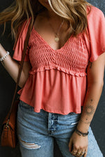 Load image into Gallery viewer, Tomato Red Shirred V Neck Short Flutter Sleeve Textured Blouse - Fashion Queen - 12