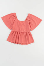 Load image into Gallery viewer, Tomato Red Shirred V Neck Short Flutter Sleeve Textured Blouse - Fashion Queen - 13