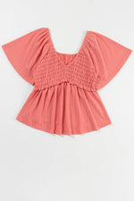 Load image into Gallery viewer, Tomato Red Shirred V Neck Short Flutter Sleeve Textured Blouse - Fashion Queen - 14